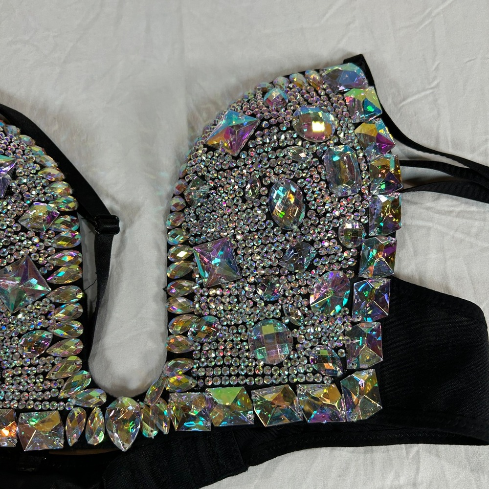 Rhinestone Embellished Deep V Plunge Bra Top Black Iridescent Dance Top M/B - Picture 5 of 6